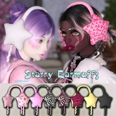 two women with different colored hair accessories in front of a white background and the words starr emuffs on it