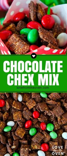 chocolate chex mix in a bowl with candy and candies on the side, text overlay reads chocolate chex mix