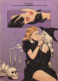 an illustration of a woman kissing a man in front of a table with candles and skulls on it