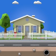 a house with a white picket fence in front of it and trees on the other side