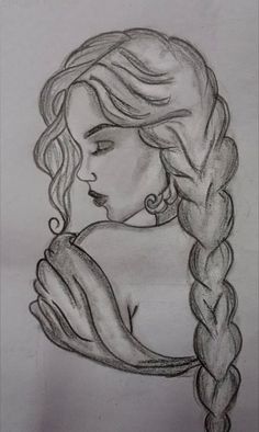 a pencil drawing of a woman with long hair and braids in her hair, looking down