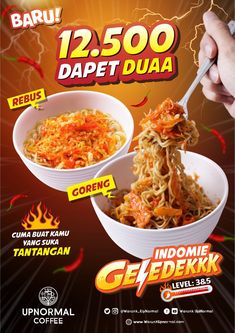 an advertisement for the indonesian food festival, featuring noodles and meats in bowls with chopstick