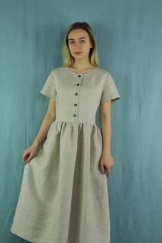 "Spring dress, Handmade pure linen dress Made to order Handmade natural color linen dress with short sleeves and 2 pockets, perfect for casual wear and suitable for any occasion in any season Details: - 100% natural linen produced in Europe ; - medium weight (180 gram per square meter); - color: natural, could be any from our colors catalog (color samples at the photo); Made to order, approximately a few days, If you have any questions please message me and I will be glad to answer. Size guide : Beige Short Sleeve Dress With Pockets, Spring Linen Dress In Flax Color With Short Sleeves, Spring Short Sleeve Flax Linen Dress, Casual Flax Short Sleeve Dress, Short Sleeve Linen Dress With Pockets For Daywear, Short Sleeve Linen Dress In Flax Color, Flax Linen Dress With Pockets, A-line Linen Dresses With Pockets, Short Sleeve Linen Dress With Buttons For Daywear