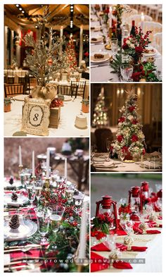 red and white christmas tablescapes with candles, trees, ornaments and other decorations