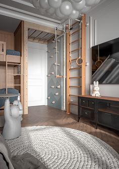 a living room filled with furniture next to a tall wooden ladder in front of a flat screen tv