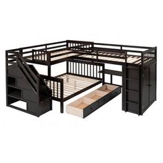 bunk bed with stairs and drawers on the bottom level for storage space, in black finish