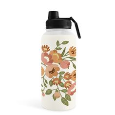 a white water bottle with an orange and pink floral design on it, sitting against a white background