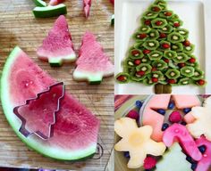 watermelon slices cut into christmas trees on a cutting board