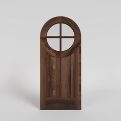 a wooden door with a round window on the top and bottom half, in front of a white background