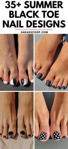 These unique and trendy black toe nail designs are perfect for the summer season!🖤 #toenails #nailart #nails Abstract Pedicure Designs, Diy Toenail Designs Easy, Black And White Pedicure Toenails, Checkered Toe Nails, Black Toenails With Design, Black Nails Pedicure, Pedicure Black Toenails, Black Toes With Design, Black Toes Polish