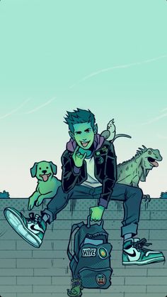 a man sitting on top of a brick wall next to two dogs and a backpack