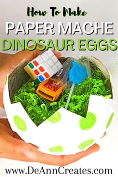 How To Make Paper Mache Dinosaur Eggs: The picture shows a pair of hands holding a paper mache dinosaur egg.  This egg has zig zag edges and lime green polka dots and is filled with crinkle paper and party favors. Paper Mache Eggs Dinosaur, How To Make A Dinosaur Pinata, Kids Craft Christmas Cards, Paper Mache Dinosaur, Christmas Tree Paper Craft, Kids Birthday Crafts, Homemade Easter Baskets