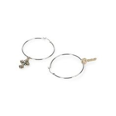 Madden NYCs Fashion Two-Tone Cross & Key Charm Hoop Earrings are designed for everyday versatility to help elevate and complement any look. The minimal hoop earring design features coordinating, mismatched dangling cross and key charms with a post-back closure. These hoop earrings for women are handcrafted in polished two-tone mixed metal and make a cute addition to your jewelry collection. Size: one size.  Color: Metal Type.  Gender: female.  Age Group: adult. Minimal Hoop Earrings, Madden Nyc, Key Charms, Mixed Metals, Designer Earrings, Types Of Metal, Design Features, Gender Female, Womens Watches