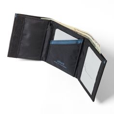 This Trifold Wallet holds up to +/-12 cards, cash, receipts, and even foreign currency in a divided bill pocket. It even has a hidden card sleeve in the bill pocket. We've even built in a sleeve for our custom Micro Pen, so you'll never get stuck without a pen again. RFID blocking technology keeps your cards safe from skimming, so rest assured your card information is secure Silicone no slip card grips will keep your cards extra secure while you're on the move Our Trifold Wallet is secured using Blue Trifold Wallet For Daily Use, Cheap Blue Trifold Wallet, Blue Rectangular Trifold Wallet With Coin Pocket, Blue Rectangular Trifold Wallet With Card Slots, Credit Card Pouch, Elegant Rfid-blocking Trifold Wallet, Foreign Currency, Fun Wallets, Card Pouch