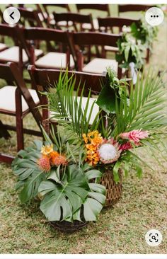 an arrangement of tropical flowers and greenery in front of rows of chairs at a wedding