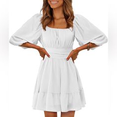 White Ruffled Off Shoulder Dress. Square Neck Can Be Worn Up Or Off The Shoulders. Adorable Bow With Tie Back Can Tighten And Cinch Your Curves! Super Soft Material With Ruffles On The Hem. Never Worn! White Long Sleeve Mini Dress, Vintage Mini Dress, Lace Dress Casual, Vintage Mini Dresses, Off Shoulder Dresses, White Long Sleeve Dress, Mini Dress Casual, Lantern Sleeve, Evening Attire