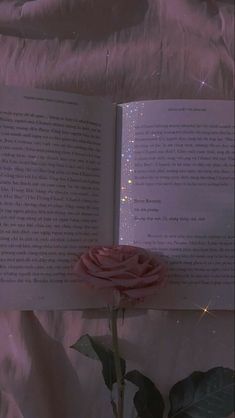 an open book sitting on top of a bed next to a pink rose with sparkles