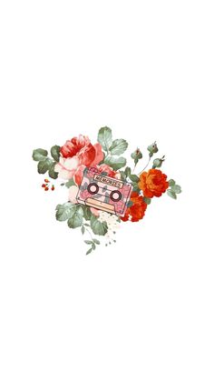 an old fashioned radio surrounded by flowers on a white background