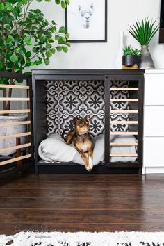 a dog sitting in its crate with the words ikea made dog crate above it