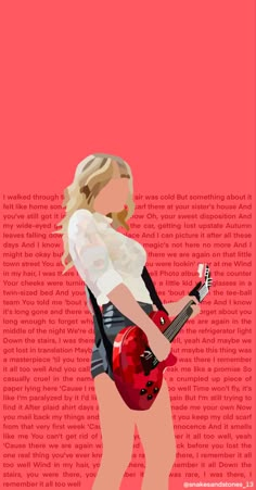 a woman with a red guitar standing in front of a pink background and text that reads,