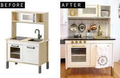 before and after photos of a toy kitchen with sink, oven, microwave and cabinets