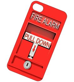 a red fire alarm with the words pull down and an arrow pointing to the right