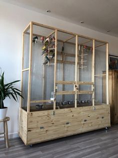 a wooden cabinet with glass doors and birds on the top, in front of a potted plant