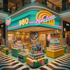 the inside of a store with neon lights