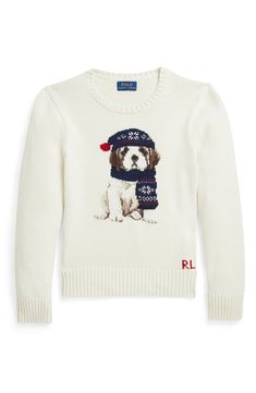 Sweeten your kiddo's looks with this luxuriously soft wool sweater boasting a darling dog design that's outfitted in their own knitwear. Ribbed cuffs and hem 100% wool Machine wash, tumble dry Imported Soft Wool Sweater, Polo Ralph Lauren Kids, Holiday Mood, Ralph Lauren Kids, Graphic Sweaters, Dog Sweater, Girl And Dog, Stella Mccartney Kids, Soft Wool