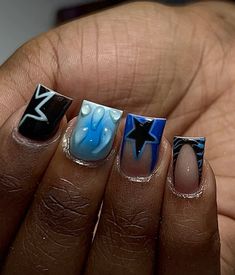 Braider Nails, Blue And Black Nails, Shiny Nails Designs, Girly Acrylic, Medium Nails, Black Acrylic Nails, Spring Acrylic Nails, Pink Ombre Nails