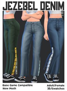 three different types of jeans for females with the name jezebel denim on them