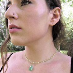 This stunning Boho style 14 inch natural Green Chalcedony choker necklace is a celebration of green summers and the outdoors! The 14K GP 3 mm Green Chalcedony rosary style chain is adorned with a beautifully faceted teardrop Green Chalcedony briolette in matching color. I love this necklace as it reminds me of nature. This would make a fabulous gift for a gemstone lover and a 3 inch extension chain can be added for extra length at check out.  Materials:  14K GP Green Chalcedony Rosary Chain, Gre Nature-inspired Green Necklace For Festival, Nature-inspired Green Necklace For Festivals, Green Nature-inspired Jewelry For Festivals, Handmade Adjustable Green Emerald Necklace, Green Stone Necklace, Natural Gemstone Necklace, Green Chalcedony, Gemstone Necklaces, Rosary Chain