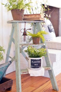 an old ladder is used as a plant stand