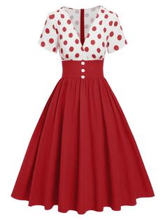 1950s V-Neck Polka Dots Swing Dress | Retro Stage 1950s Costume Women, 50s Inspired Outfits, 1950 Dresses, 1950 Dress, Rockabilly Dresses, Retro Stage, Sunday Clothes, White Skater Dresses, 1950 Fashion