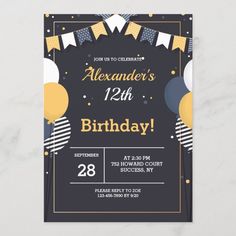 a birthday party card with balloons and streamers