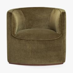 an olive green chair with a wooden base