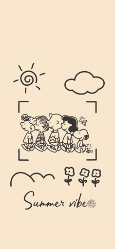 a drawing of three children sitting on top of a bench with the words summer vibe above them