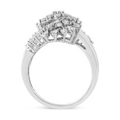 Feminine and sophisticated, this beautiful white diamond floral ring is the perfect gift for you or for the special lady in your life. This 10k white gold piece has a unique "s" shaped motif embellished with natural, round-cut diamonds. The band is further set with beautiful baguette-cut diamonds. The ring has a total carat weight of 1/2 c.t., making it the perfect addition to your jewelry collection. Add a touch of dazzling glamour to your outfit with this stunning white gold and diamond bypass Fine Ring, Floral Ring, Detailed Ring, Baguette Cut Diamond, Bridal Bands, Bracelet Collection, Fine Earrings, Earrings Collection, Ring Collections