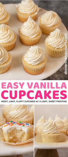 easy vanilla cupcakes with white frosting and sprinkles on top