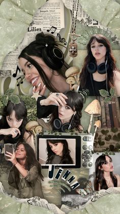 the collage has many different pictures and words on it, including an image of a woman with headphones