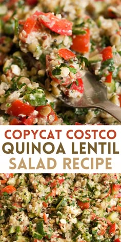 a close up of food on a plate with a spoon and text overlay that reads copycat costo quinoa lentil salad recipe