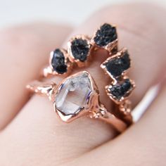 Raw crystal wedding rings Raw Stone Engagement Rings, Copper Collection, Wedding Rings Ideas, Black Tourmaline Ring, Raw Black Tourmaline, Rings Inspiration, Raw Crystal Ring, Rose Gold Plate, Raw Gemstone Jewelry