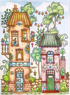 a drawing of a house with trees and flowers