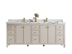 a bathroom vanity with two sinks and gold faucets on the countertop, against a white background