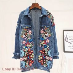 Flower Jacket Women Embroidery Casual Streetwear Autumn Mid-length Jean Coat | eBay Denim Jacket Embroidery, Casual Denim Jacket, Embellished Denim Jacket, Denim Fashion Women, Heavy Work, Mode Jeans, Traje Casual, Embellished Denim, Women Jacket