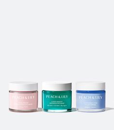 The three featured products in Peach and Lily's Face masks for Acne-Prone Skin: the Super Reboot Resurfacing Mask, Pore Proof Perfecting Clay Mask, and Overnight Star Sleeping Mask Glass Skin Products, Dynamic Trio, Best Sheet Masks, Skincare Masks, Peach Lily, Korean Glass Skin, Peach And Lily, Face Mask Set, Skin Care Mask