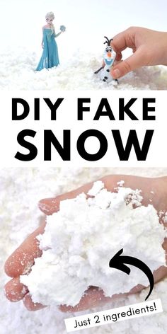 someone is making fake snow out of their hand and the words diy fake snow just 2 ingredients