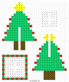 two cross stitch christmas trees are shown in green and red