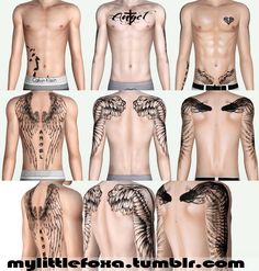 multiple images of men with tattoos on their chest and back, all in different styles