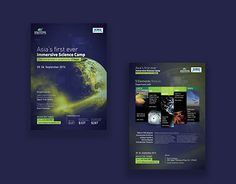 three different brochures are displayed on a dark blue background, including one with an image of the earth